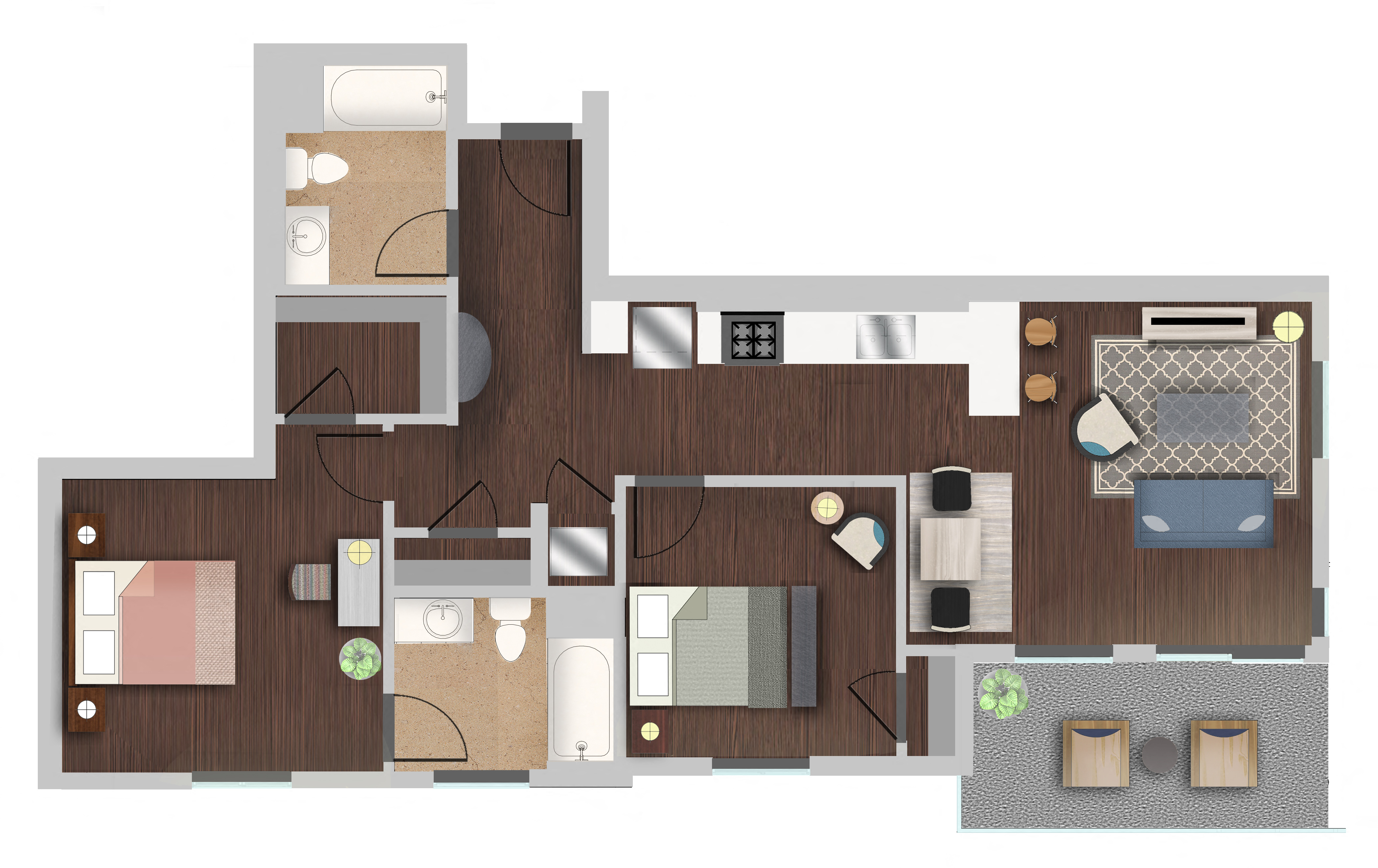 Floor plan for 2 beds, 2 baths, 1018 sqft
